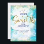 Invitación Dulce virtual 16 Blue Watercolor Gold Birthday<br><div class="desc">Esta es una gran manera de que tu hija pueda celebrar su cumpleaños con todos sus amigos. Envíe esta impresionante, moderna y personalizada invitación virtual en línea para un evento que recordar. Relieve metalizado de imitación de oro espumoso y pequeños puntos purpurinas de confeti y escritura tipográfica superponen un fondo...</div>
