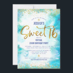Invitación Dulce virtual 16 Blue Watercolor Gold Birthday<br><div class="desc">Esta es una gran manera de que tu hija pueda celebrar su cumpleaños con todos sus amigos. Envíe esta impresionante, moderna y personalizada invitación virtual en línea para un evento que recordar. Relieve metalizado de imitación de oro espumoso y pequeños puntos purpurinas de confeti y escritura tipográfica superponen un fondo...</div>