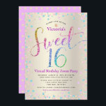 Invitación Dulce virtual de oro Purpurina arcoiris 16 cumplea<br><div class="desc">"Feliz dulce 16". Esta es una gran manera de que tu hija pueda celebrar su cumpleaños con todos sus amigos. Envíe esta impresionante, brillante, niñita, festiva, moderna, personalizada invitación virtual en línea para un evento que recordar. La tipografía con guion arcoiris purpurina, junto con el turquesa festivo, el rosa púrpura...</div>