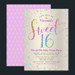 Invitación Dulce virtual de oro Purpurina arcoiris 16 cumplea<br><div class="desc">"Feliz dulce 16". Esta es una gran manera de que tu hija pueda celebrar su cumpleaños con todos sus amigos. Envíe esta impresionante, brillante, niñita, festiva, moderna, personalizada invitación virtual en línea para un evento que recordar. La tipografía con guion arcoiris purpurina, junto con el turquesa festivo, el rosa púrpura...</div>