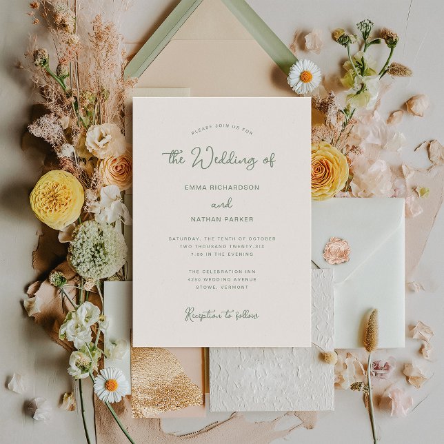 Invitación Dulce y caprichoso | Boda verde marfil y sabio (An elegant and simple ivory cream wedding invitation with sage green text)