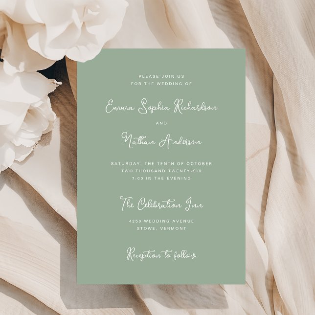Invitación Dulce y caprichoso | Boda verde marfil y sabio (A stylish, sage green wedding invitation with ivory text)