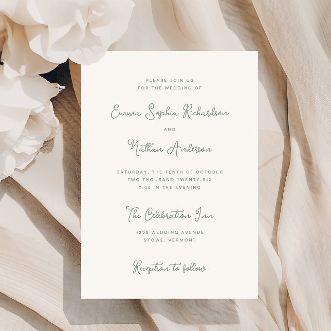 Invitación Dulce y caprichoso | Boda verde marfil y sabio (A stylish, ivory cream colored invitation with trendy sage green typography)