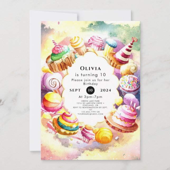 Invitación Dulce y caprichoso cumpleaños de Candyland (Anverso)