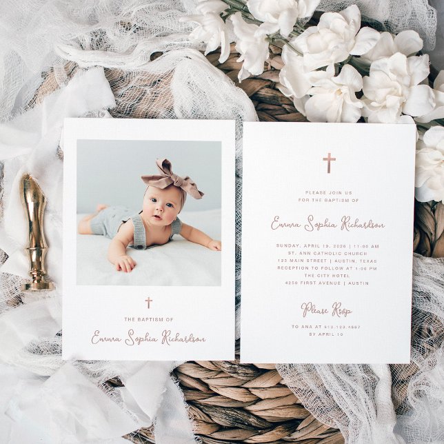 Invitación Dulce y caprichoso | Foto y bautismo de oro Subió (An elegant, whimsical rose gold look Baptism invitation with photo and a faux rose gold cross)