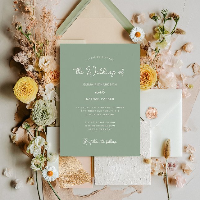 Invitación Dulce y caprichoso | Sage Green Boda (A stylish, sage green wedding invitation with ivory text)