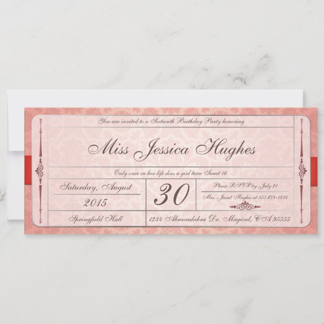 Invitación Dulce y dieciséis entradas para damasco (Anverso)