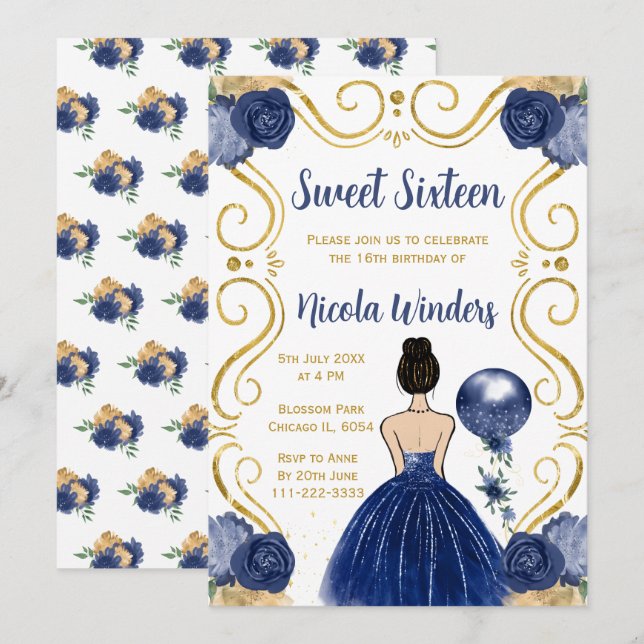 Invitación Dulce y dieciséis princesa de cabello marrón en la (Anverso / Reverso)