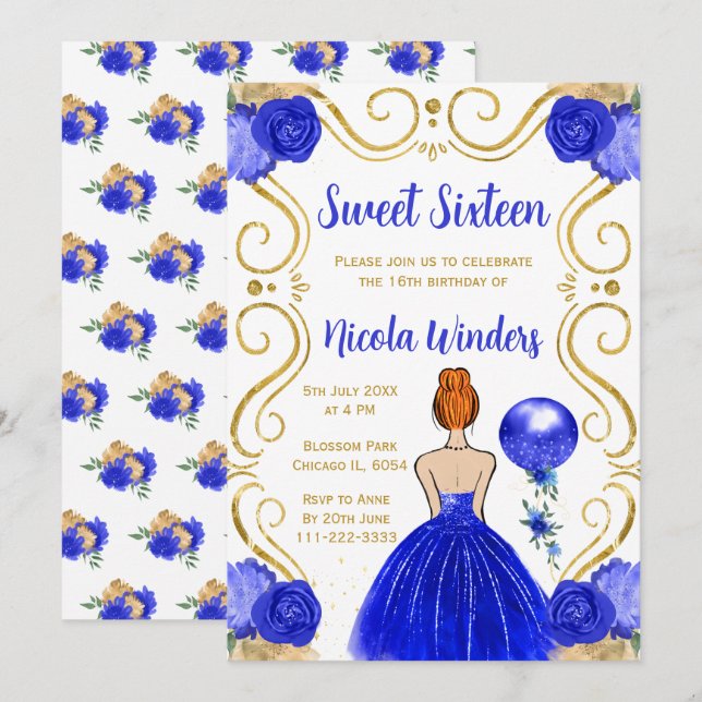 Invitación Dulce y dieciséis princesa de cabello rojo en azul (Anverso / Reverso)