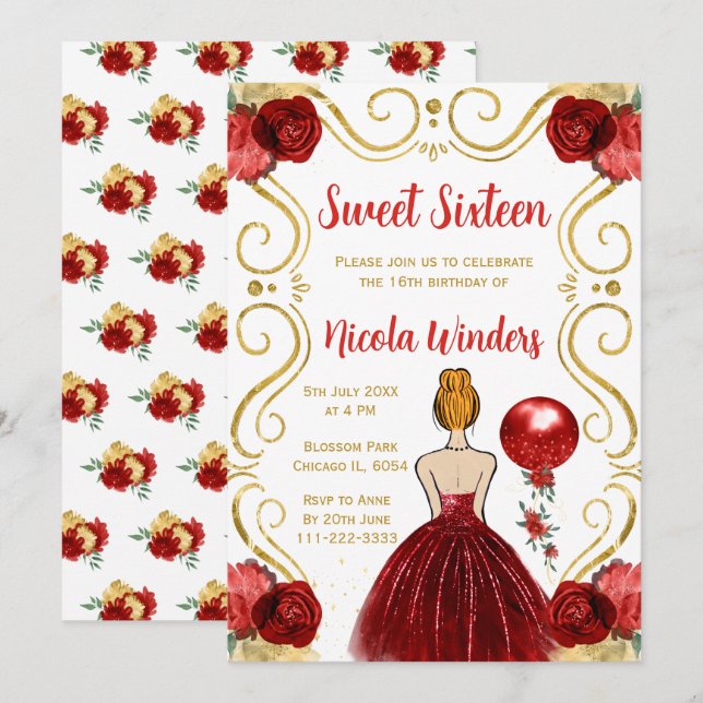 Invitación Dulce y dieciséis princesa de cabello rojo en rojo (Anverso / Reverso)