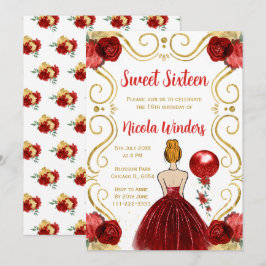 Invitación Dulce y dieciséis princesa de cabello rojo en rojo