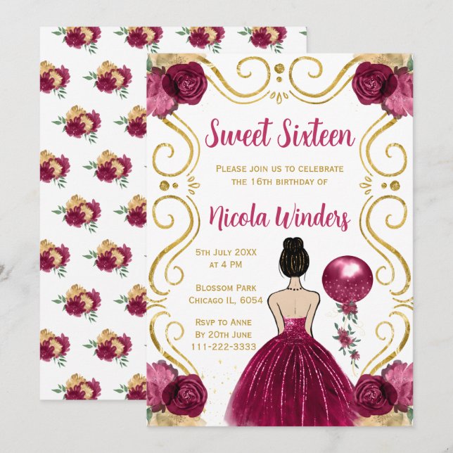Invitación Dulce y dieciséis princesa de pelo marrón en Borgo (Anverso / Reverso)