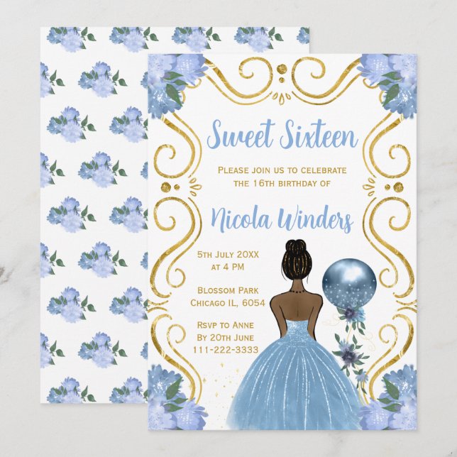 Invitación Dulce y dieciséis princesa de piel oscura en azul (Anverso / Reverso)