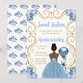 Invitación Dulce y dieciséis princesa de piel oscura en azul