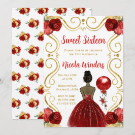 Invitación Dulce y dieciséis princesa de piel oscura en rojo