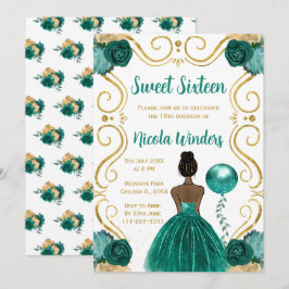 Invitación Dulce y dieciséis princesa de piel oscura en Verde