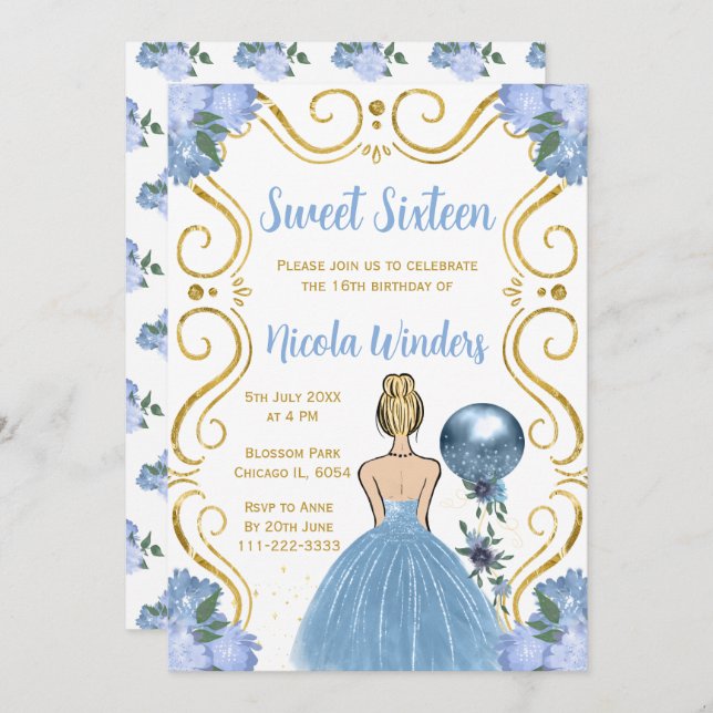 Invitación Dulce y dieciséis princesa rubia en azul (Anverso / Reverso)