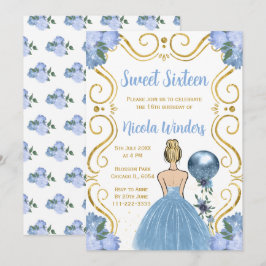 Invitación Dulce y dieciséis princesa rubia en azul