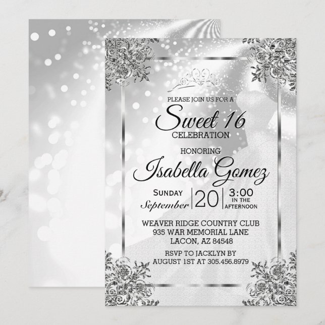 Invitación Dulce y dieciséis princesas blancas (Anverso / Reverso)