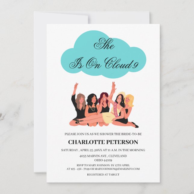 Invitación Dulce y Divertida Despedida de Soltera Cloud 9 (Anverso)