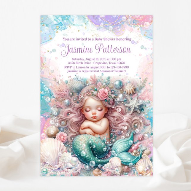 Invitación Dulce y elegante ducha de bebé de sirena durmiendo (Subido por el creador)