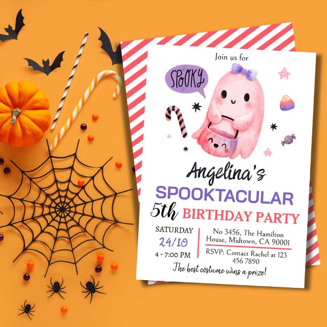 Invitación Dulce y espeluznante caramelo fantasma 5 cumpleaño (Front/Back )