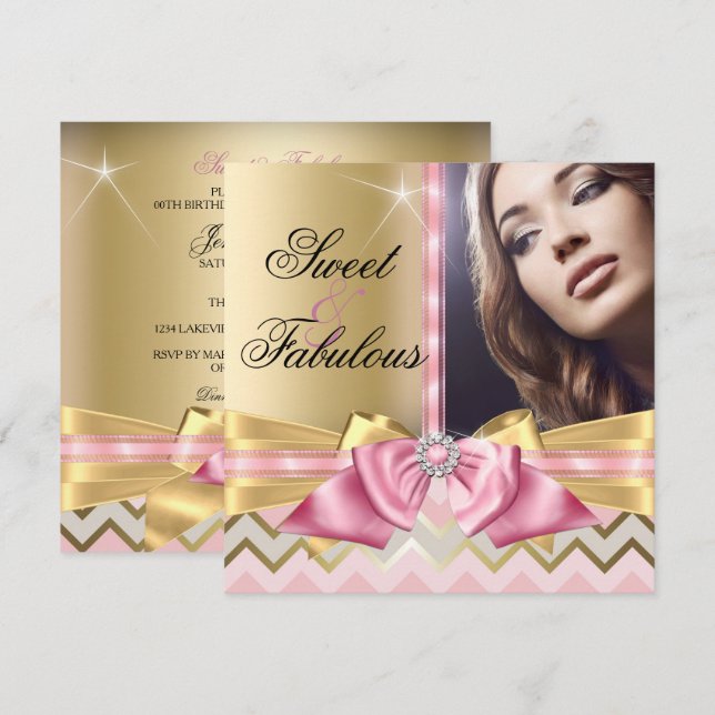 Invitación Dulce y fabulosa Chevron de Oro Rosado Cumpleaños (Anverso / Reverso)