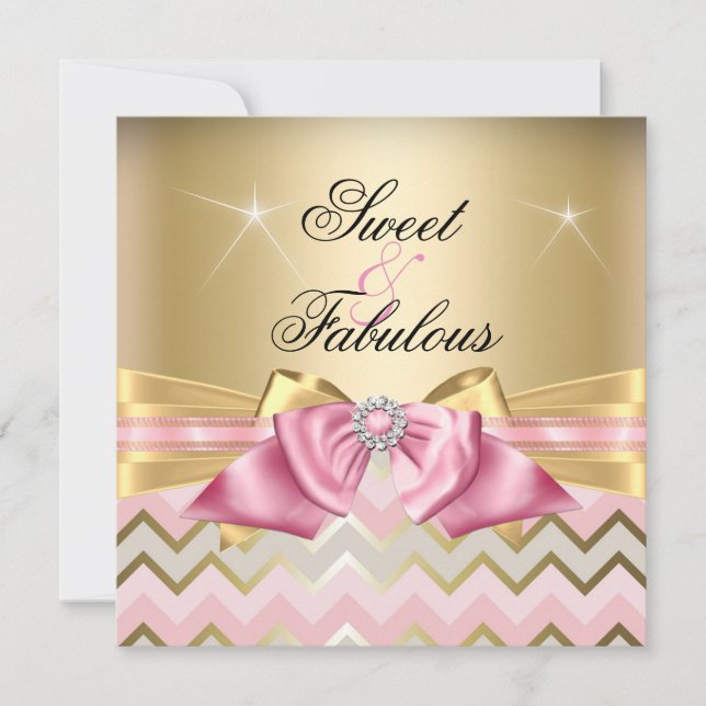 Invitación Dulce y fabulosa Chevron de oro rosado Cumpleaños  (Anverso)