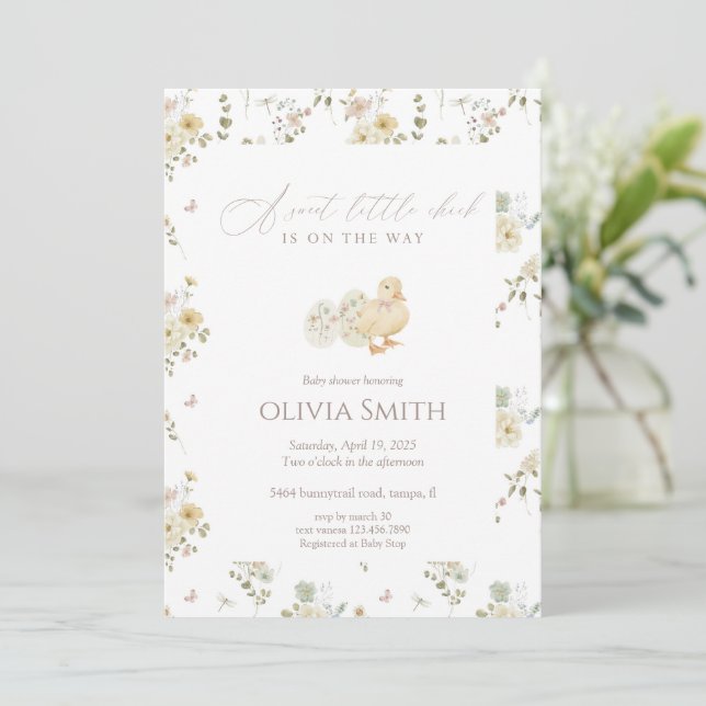 Invitación Dulce y Mínimo Shower de Bebé Pollito (Anverso de pie)