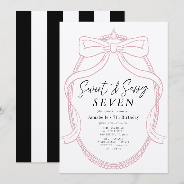 Invitación Dulce y rosa suave Tiara y Chica Bow Cumpleaños (Anverso / Reverso)