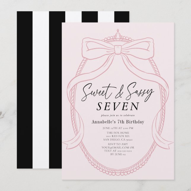 Invitación Dulce y rosa suave Tiara y Chica Bow Cumpleaños (Anverso / Reverso)