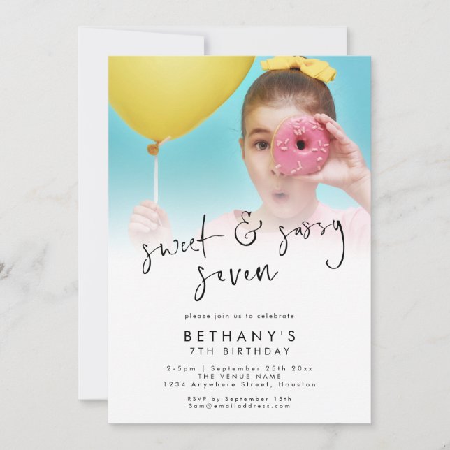 Invitación Dulce y Sassy Siete Foto Superpuesta Séptimo Cumpl (Anverso)