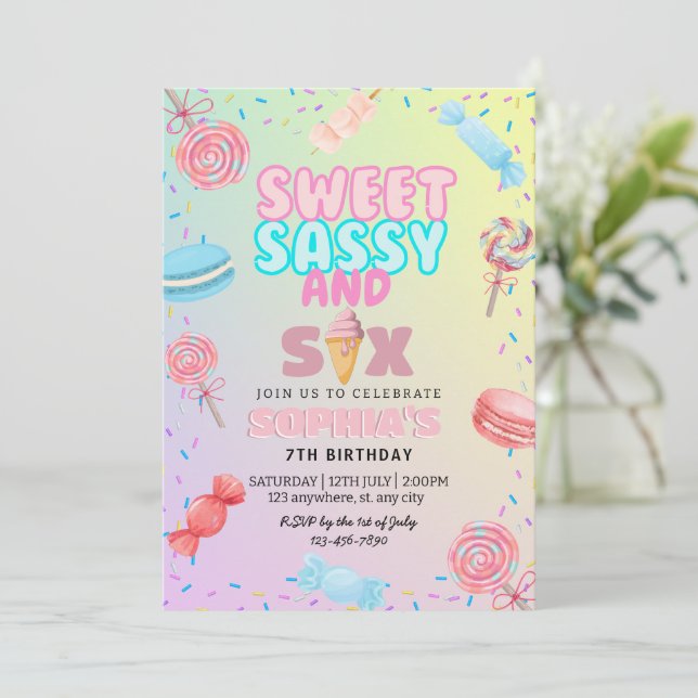 Invitación Dulce y siete años de chica de helados y caramelos (Anverso de pie)