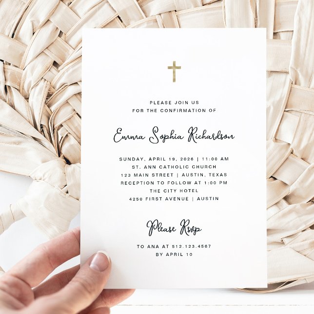 Invitación Dulce y simple | Confirmación en blanco y negro (A simple, black and white Confirmation invitation with trendy whimsical script)