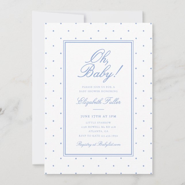 Invitación Dulce y Simple Fiesta de Bebé de Lunares Azules (Anverso)