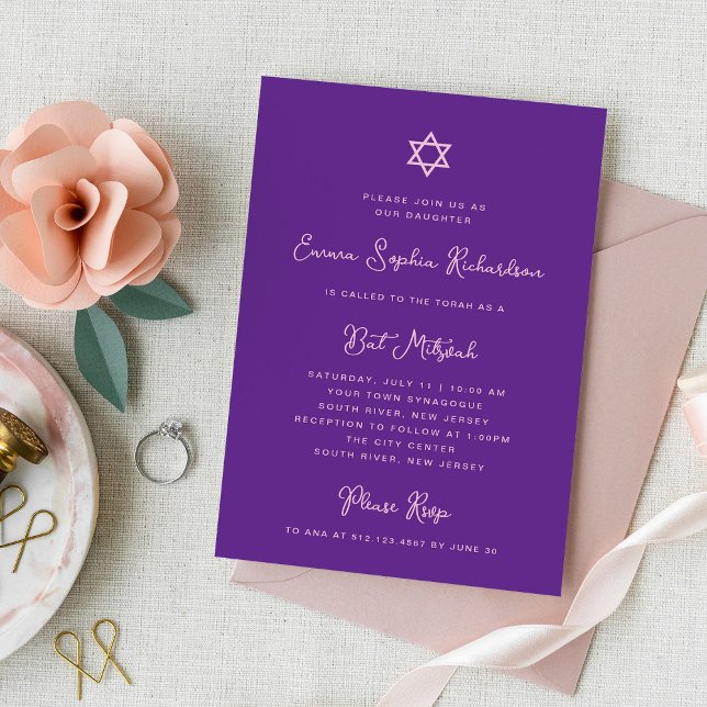 Invitación Dulce y simple | Mitzvah, murciélago morado y rosa (Subido por el creador)