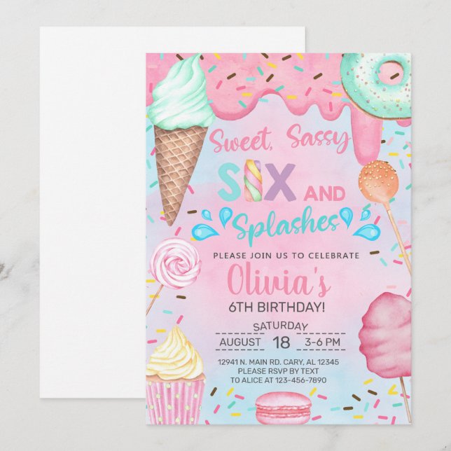 Invitación Dulce y suave 6 y salpicado el cumpleaños de la pi (Anverso / Reverso)