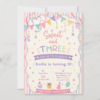 Invitación Dulce y Tres dulces de caramelo pastel cumpleaños