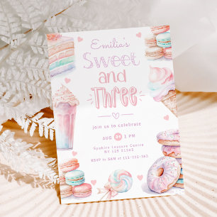 Invitación Dulce y tres dulces de caramelo pastel cumpleaños