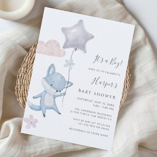 Invitación Dulce Zorro Volando Globo Azul Chica Shower de Beb