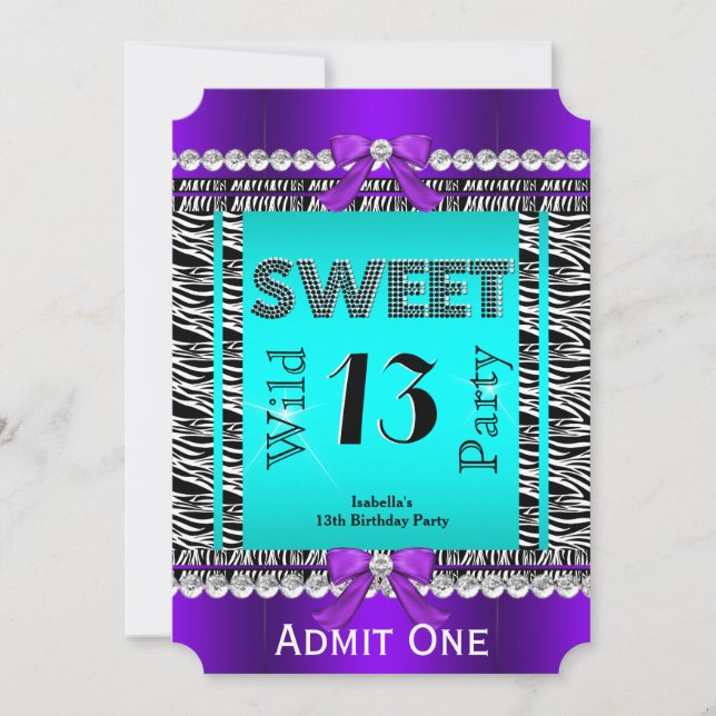 Invitación Dulces 13 Boleto de Fiesta Divertida Cebra Azul Te (Anverso)