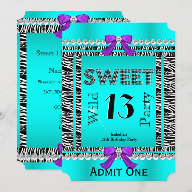 Invitación Dulces 13 Boleto de Fiesta Divertida Cebra Azul Tu (Anverso / Reverso)
