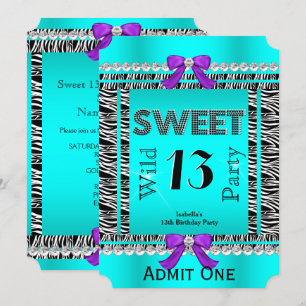 Invitación Dulces 13 Boleto de Fiesta Divertida Cebra Azul Tu