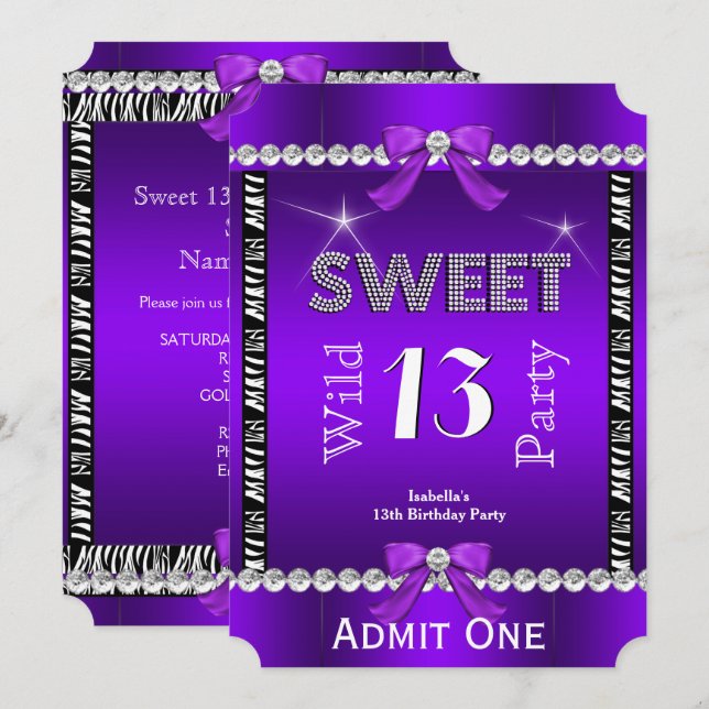 Invitación Dulces 13 Boleto Morado Fiesta Divertida Cebra 3 (Anverso / Reverso)