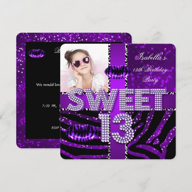 Invitación Dulces 13 Cumpleaños 13º Aniversario Cebra Brillo  (Anverso / Reverso)