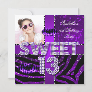Invitación Dulces 13 Cumpleaños 13º Cebra Brillo Labios Morad