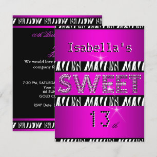 Invitación Dulces 13 Cumpleaños 13º Cebra Rosa Fuerte Negro