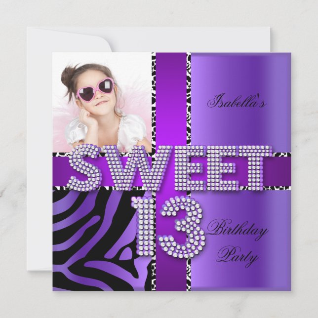 Invitación Dulces 13 Cumpleaños 13º Cebra Vaca Morado Negro (Anverso)