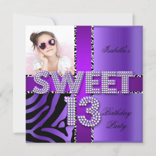 Invitación Dulces 13 Cumpleaños 13º Cebra Vaca Morado Negro