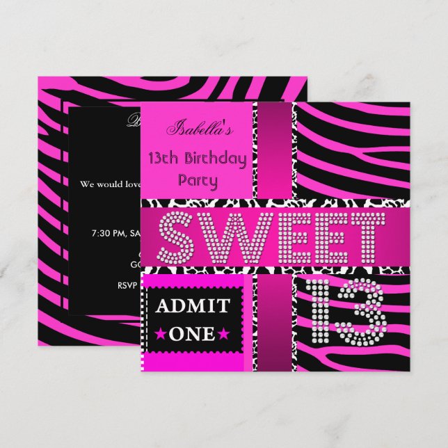 Invitación Dulces 13 Cumpleaños 13º Cebra Vaca Rosa Negro (Anverso / Reverso)